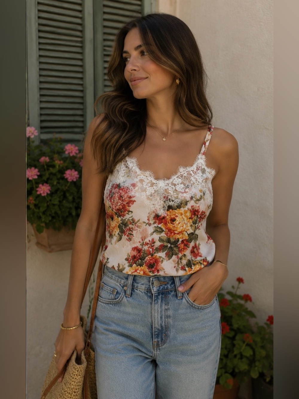 Abercrombie & Fitch White Floral Lace Trim Cami with Red & Yellow Roses